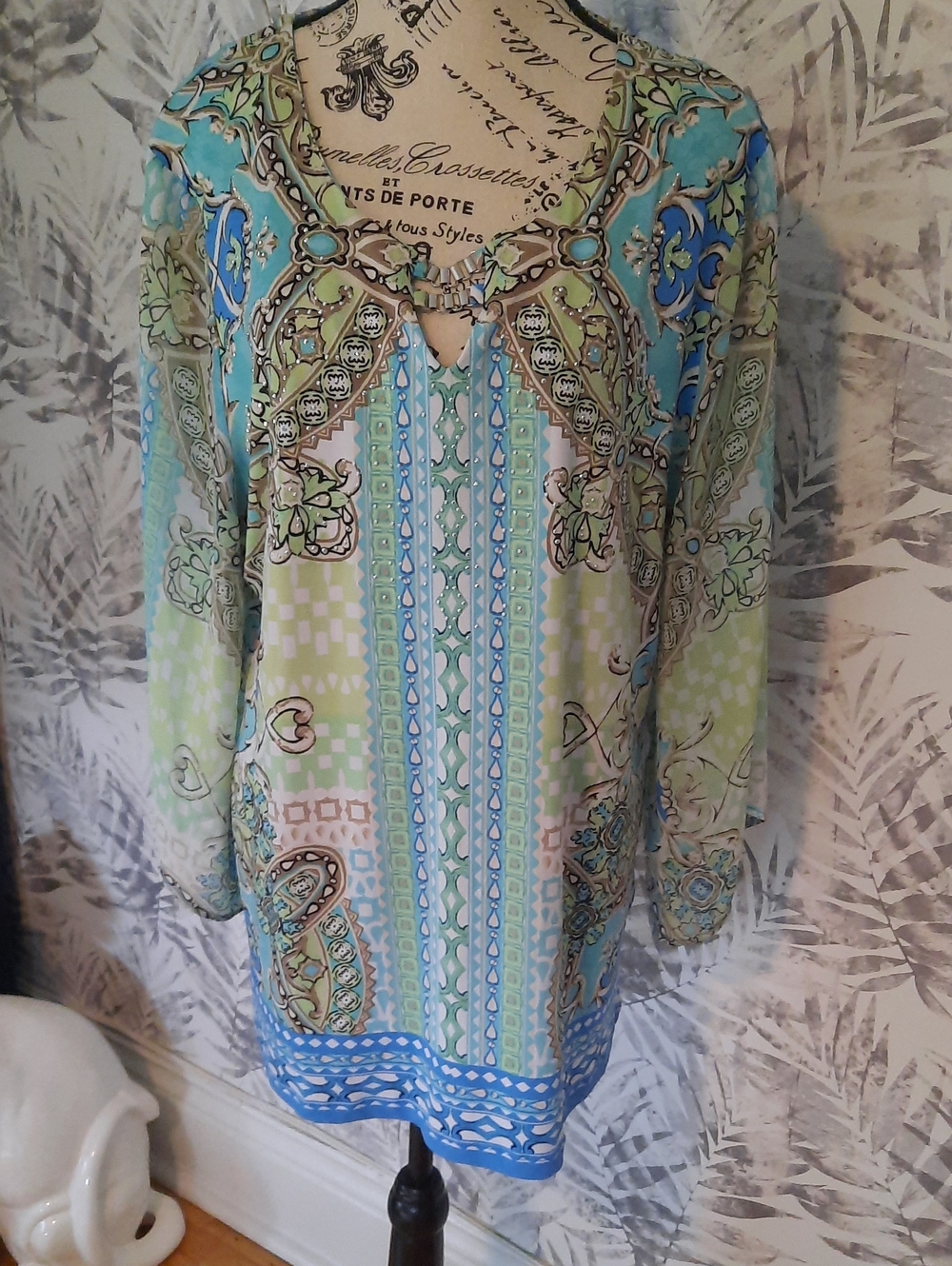 JM Collection Light Blue, Green and Cream Printed Tunic Top